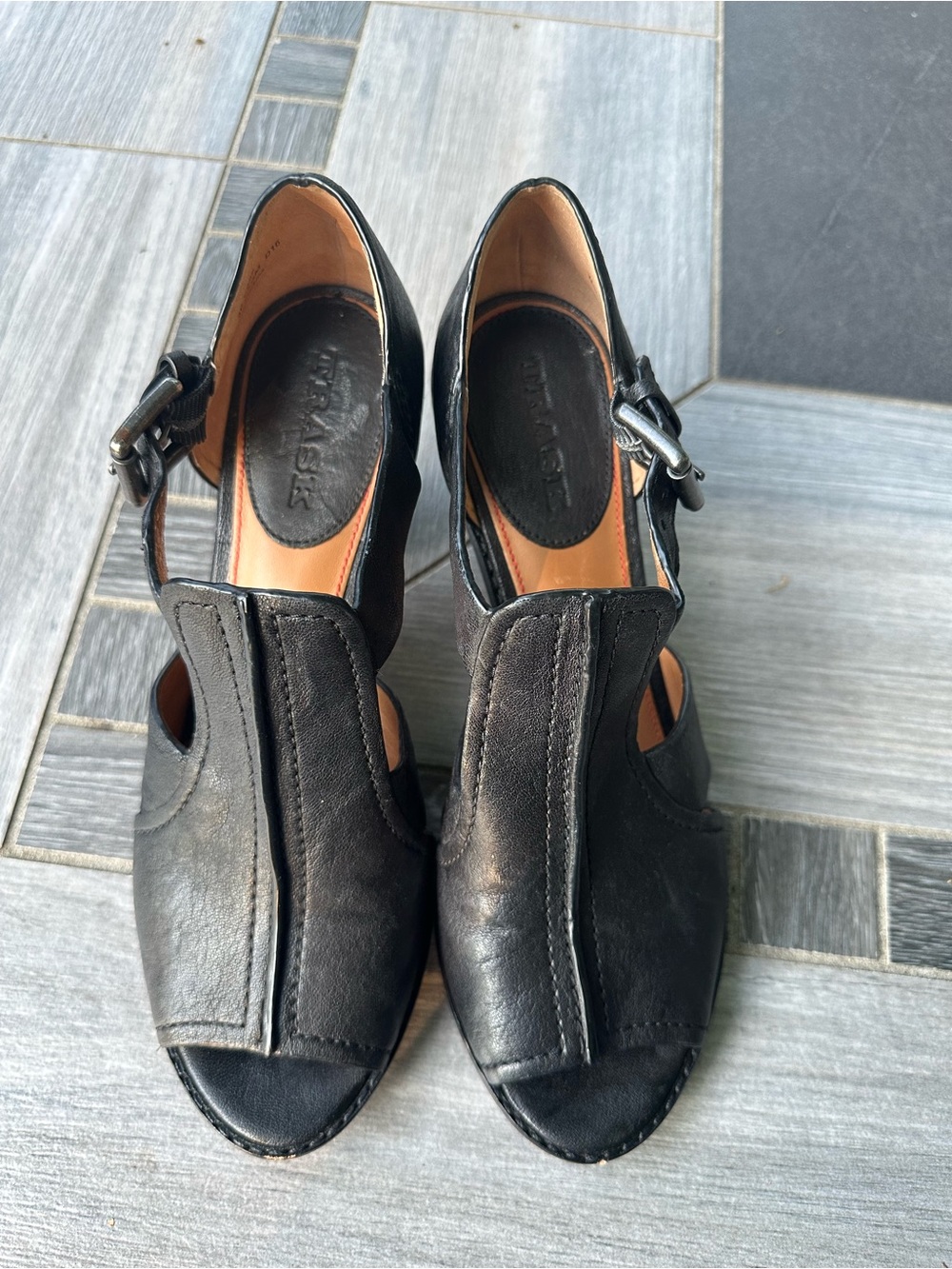 Trask Black Leather Peep Toe Buckle Heels